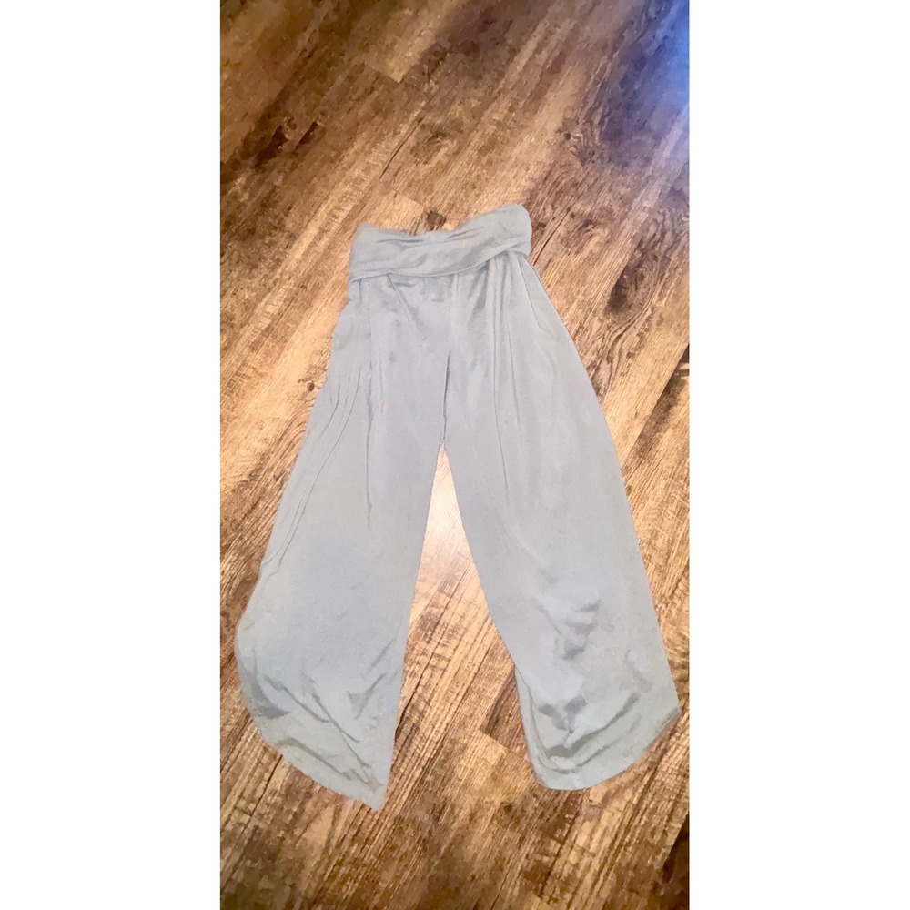 UIEU Women Light Blue Gray Wide Leg Lounge Pants Fold Over Waist Yoga Palazzo S